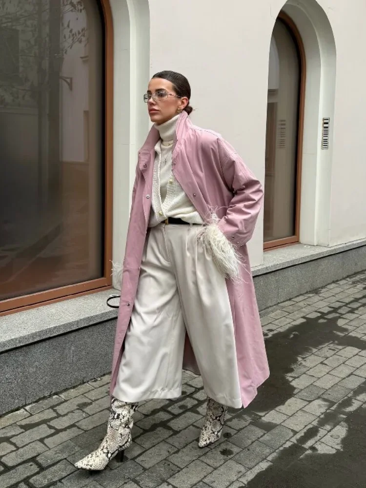 Damen Trenchcoat in Dusty Rose mit Stehkragen, Übergroße Maxi-Jacke mit Druckknopfleiste, Fallende Schultern, Leichter Loser Windbreaker – Detail 21