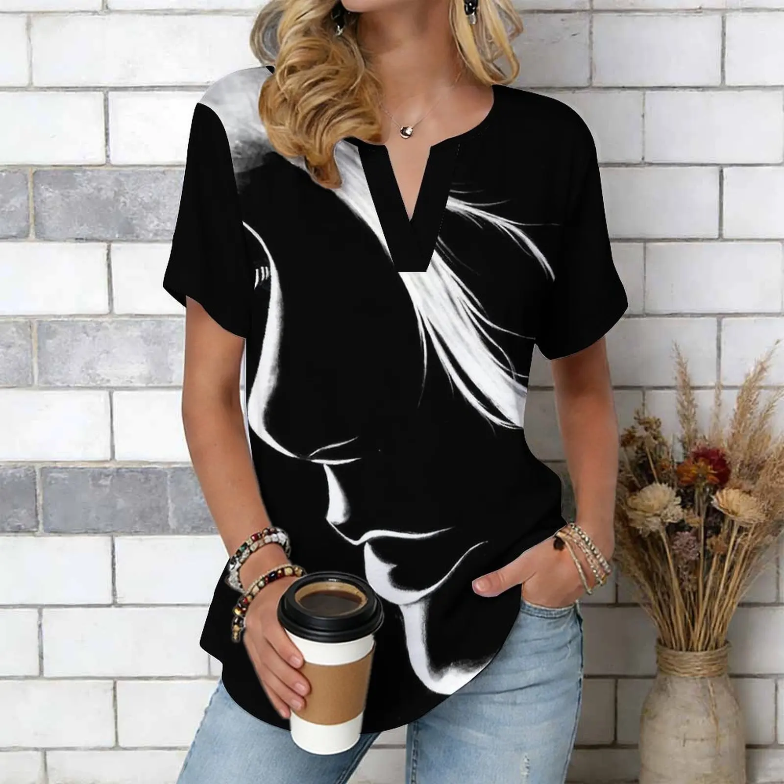 Women Print Notched V Neck Short Sleeve Casual Loose Tunic Tops