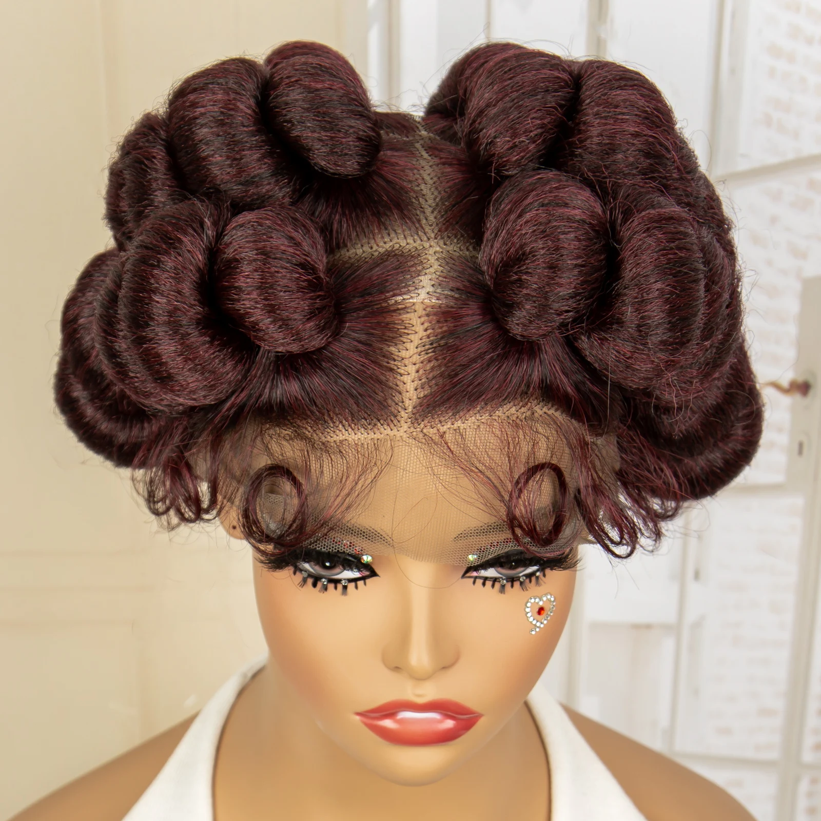 99J Burgundy Afro Bantu Braided Wigs Synthetic Full Lace Knotless Box Braiding Wig for African Black Women with Baby Hair