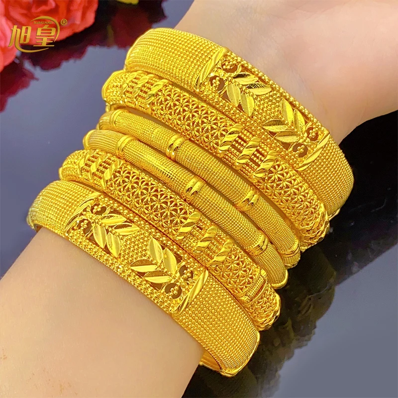 XUHUANG 24k Gold Plated Round Design Bracelets Dubai Saudi Bangle for Bridal Indian Hand Jewelry Arab Luxury Jewelry Party Gifts