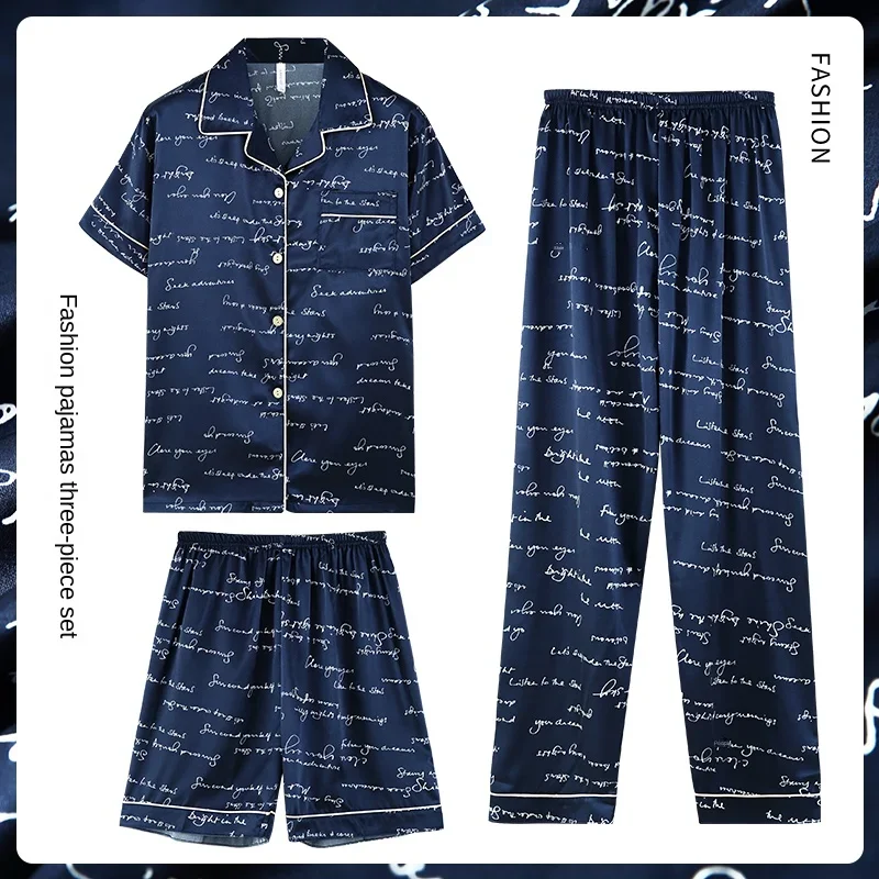 Moda letnia jesień 3-częściowa jedwabna piżama męska zestaw krótki rękaw szorty Oversize odzież domowa z kołnierzykiem z klapami piżama dla mężczyzn