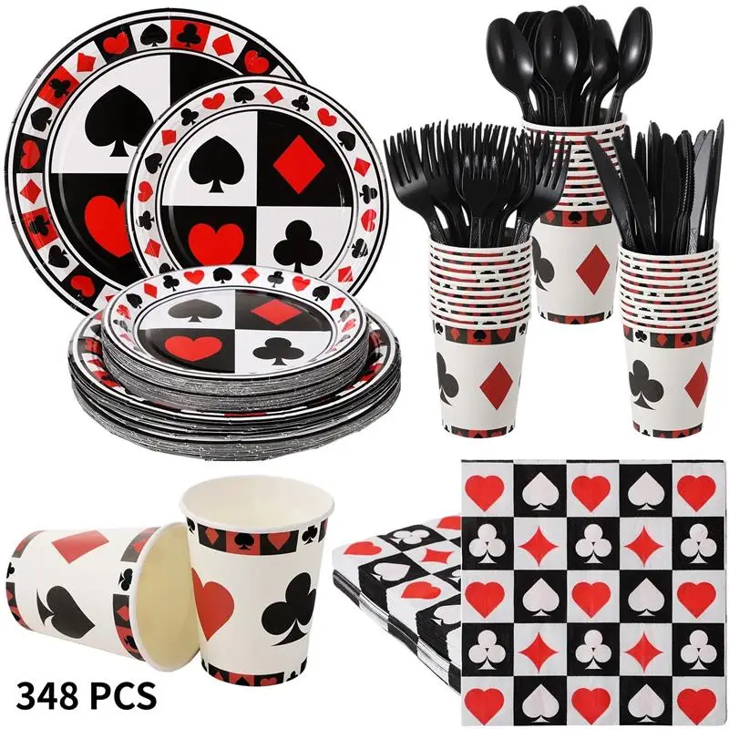 348Pcs Casino Theme Party Supplies Casino Supplies Tissue Plate Cup Spoon Fork Tableware Set Casino Parties Complete Dinnerware