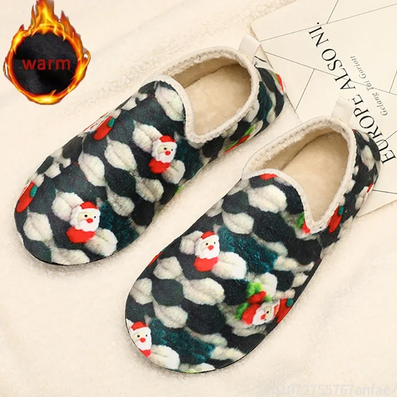 Christmas Fluffy Fur Slippers Cozy Santa Claus Plush Closed Toe Slippers Soft Plush Slip-on House Shoes Plaid Household Supplies