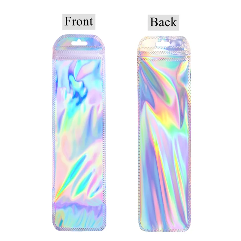 300Pcs Long Rainbow Zipper Pouch Holographic Plastic Resealable Mylar Pouches Gift Pen Packaging Bags Jewelry Necklace Baggies