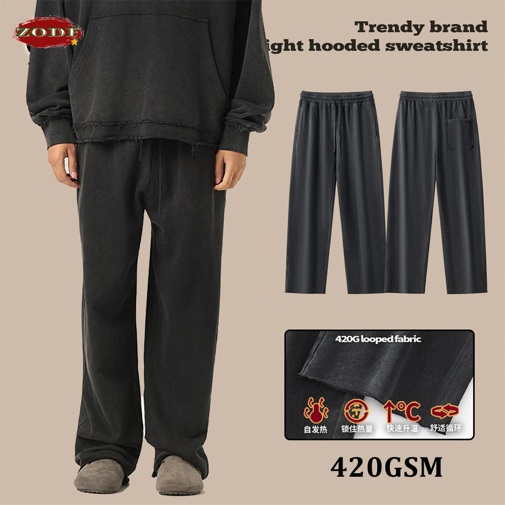 ZODF Vintage Man Washed Cotton Straight Pants Unisex 420gsm Loose Edge Distressed Sport Trousers Brand Design HY0049