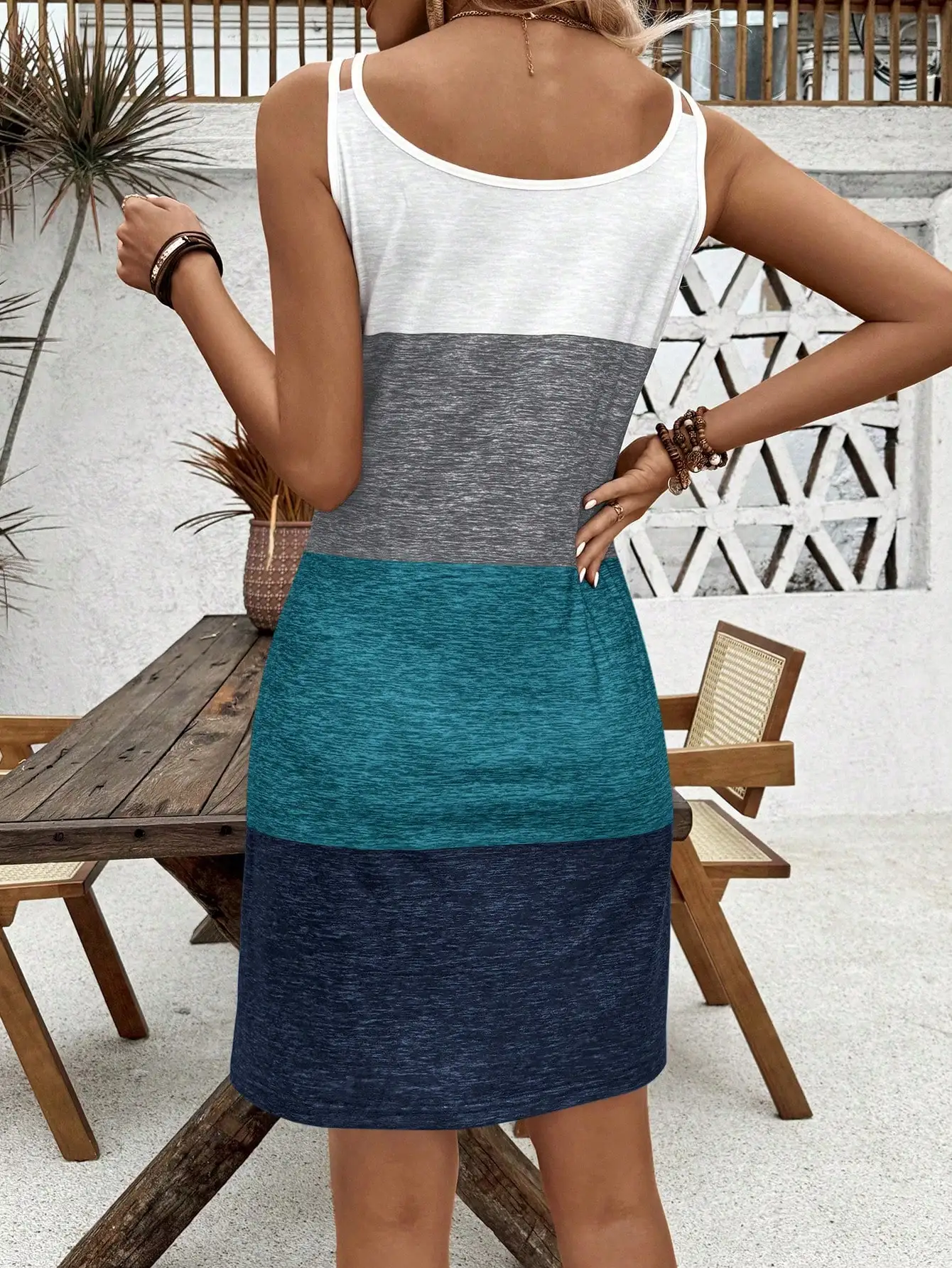 Color-Block Palm Tree Print Tank Dress with Circular Strap Detail, Beach Vacation Outfit