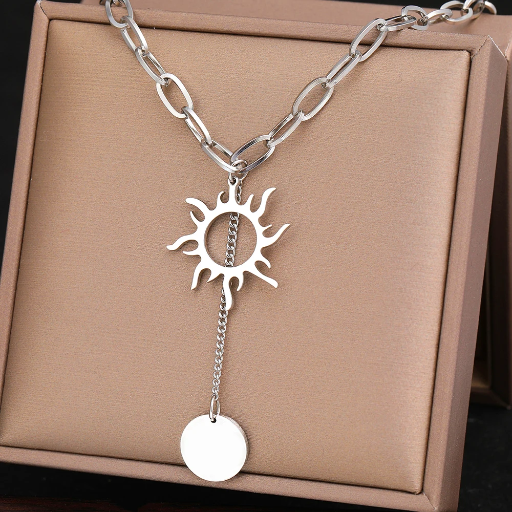 Stainless Steel Necklaces Delicate Sun Totem Geometric Round Tassel Pendants Goth Punk Chains Fashion Necklace For Women Jewelry