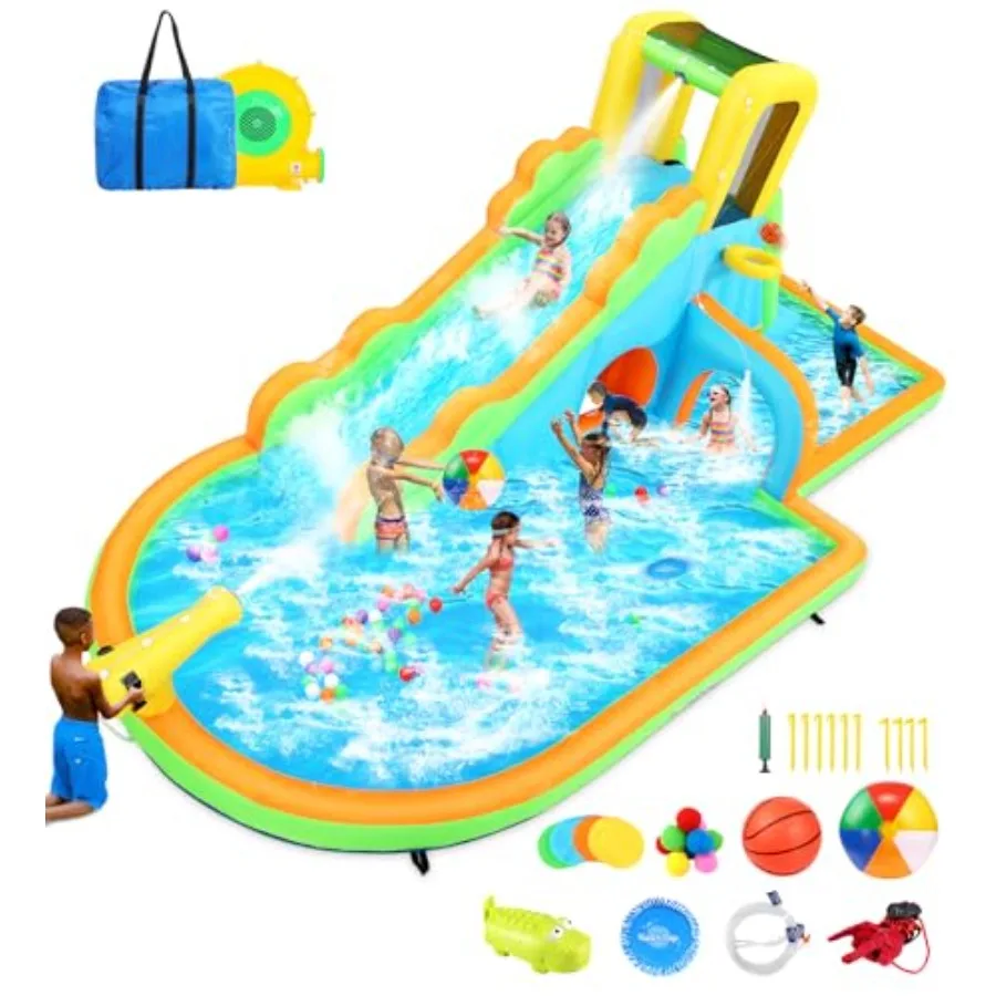 

Надувная водная горка 16,4 фута с туннелем, бассейном, скалодромом, водной пушкой, баскетбольным кольцом, прочная, из материала Оксфорд 840D, синяя, для улицы