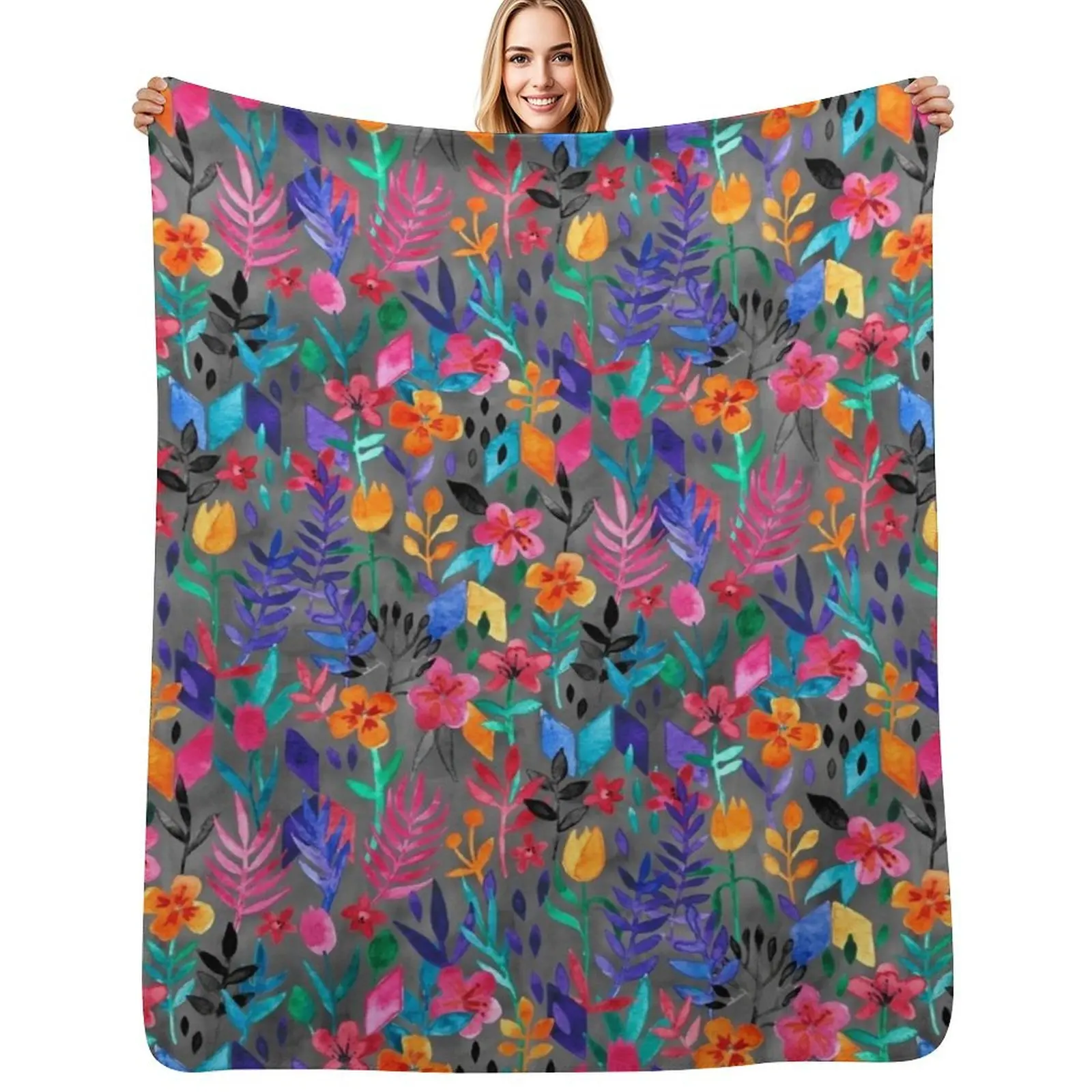 

Popping Color Painted Floral on Grey Throw Blanket Sofa Plaid Decoratives Travel Blankets