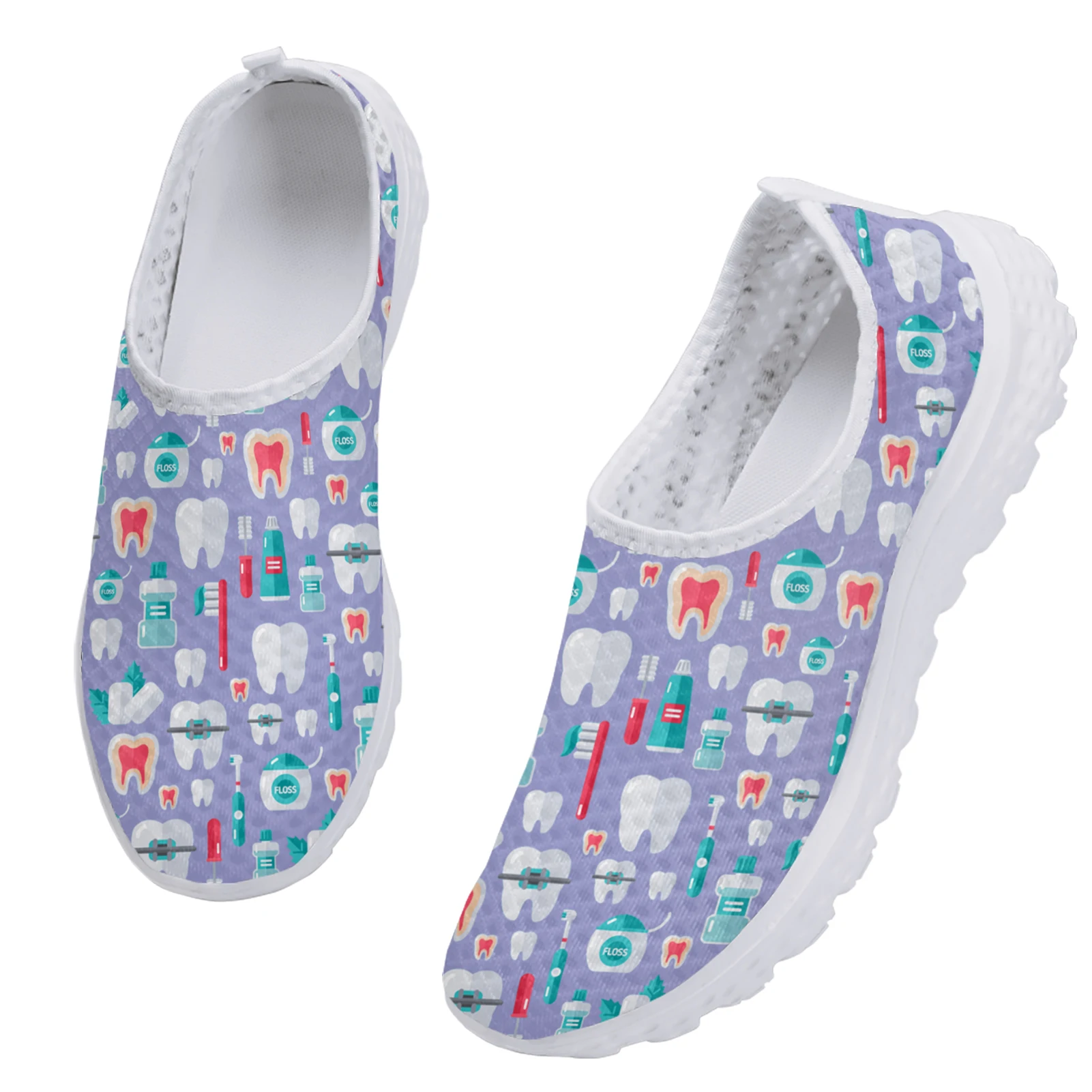 Trendy Medical Nurse Shoes Dental Flat Shoes Ladies Cartoon Teeth Print Lightweight Soft-soled Indoor Sneakers