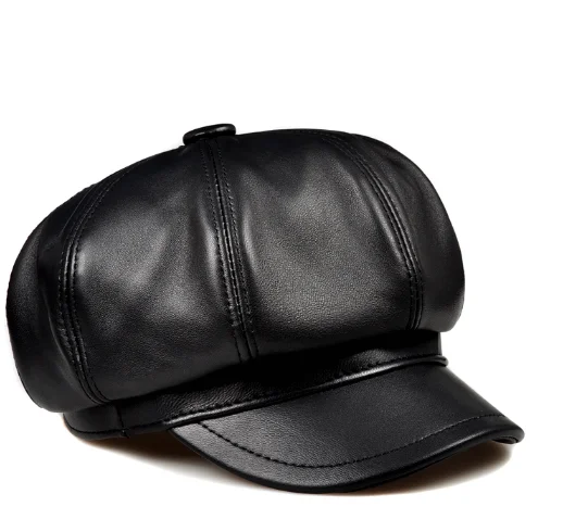 Retro Achteckige Echt Leder Hut männer Schaffell Leder Baskenmütze Lässige Mode Student Zunge Kappe Snapback Caps Für Männer – Detail 7