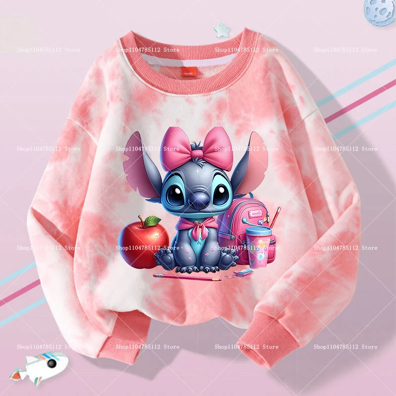 Stitch Sweatshirt Anime Cartoon Spring Autumn Children Clothes Tie-dye Versatile Long Sleeve Kids Fashion Leisure Pullover Gift