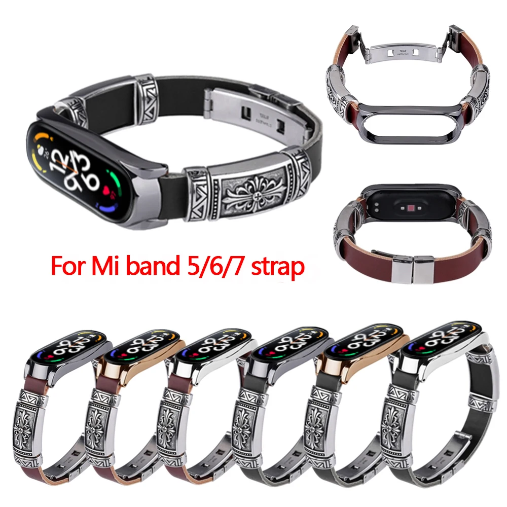 Bracelet Wristband for Mi Band 7 Strap Vintage Leather Bracelet for Mi Band 5 6 strap Accessories