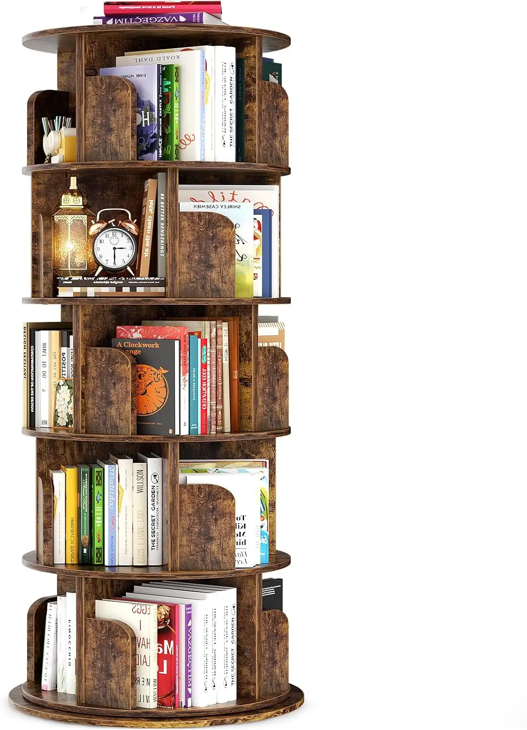5 tier wood rotating bookshelf 360 degree revolving book storage narrow tall vertical corner small space