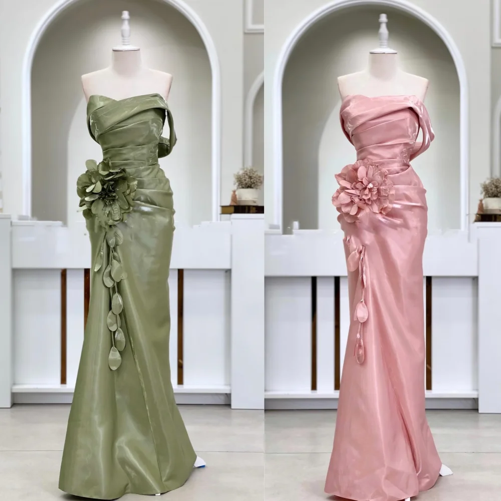 Customized Satin Pleat Flower Wedding Party Trumpet Off-the-shoulder Bespoke Occasion Gown Long Dresses