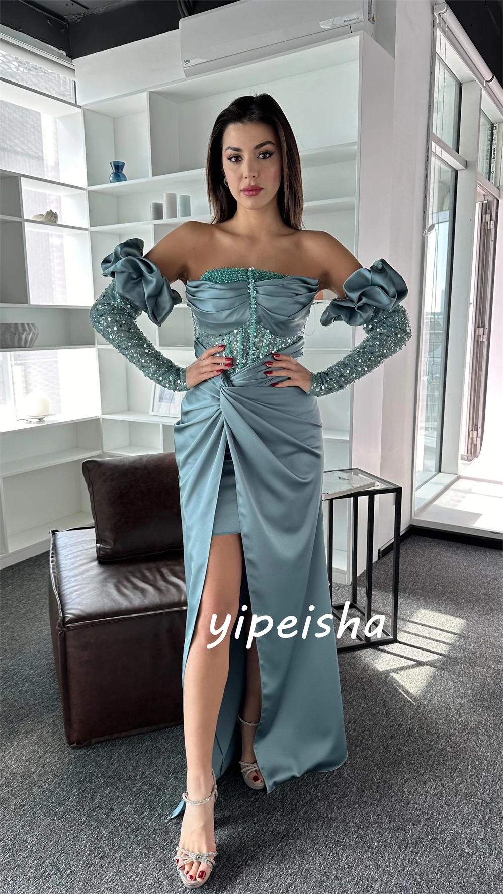 Jiayigong  Sexy Casual   Satin Draped Pleat Sequined Evening A-line Strapless Bespoke Occasion Gown Long Dresses