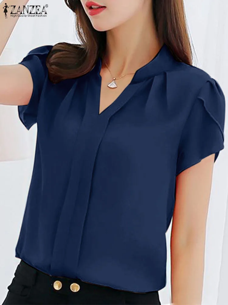 ZANZEA Women Ruffles Short Sleeve Tops 2024 Summer Chiffon Blouses Elegant Solid Pleating Shirts Formal Office V-neck Blusas