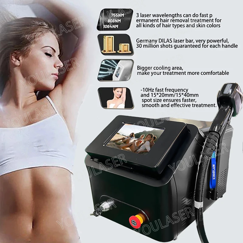 

High Power 4000W 808 Diode Laser Hair Removal For Nose Cochlea Bikini Moustache Freezing Point Painless Permanent Hair Removal
