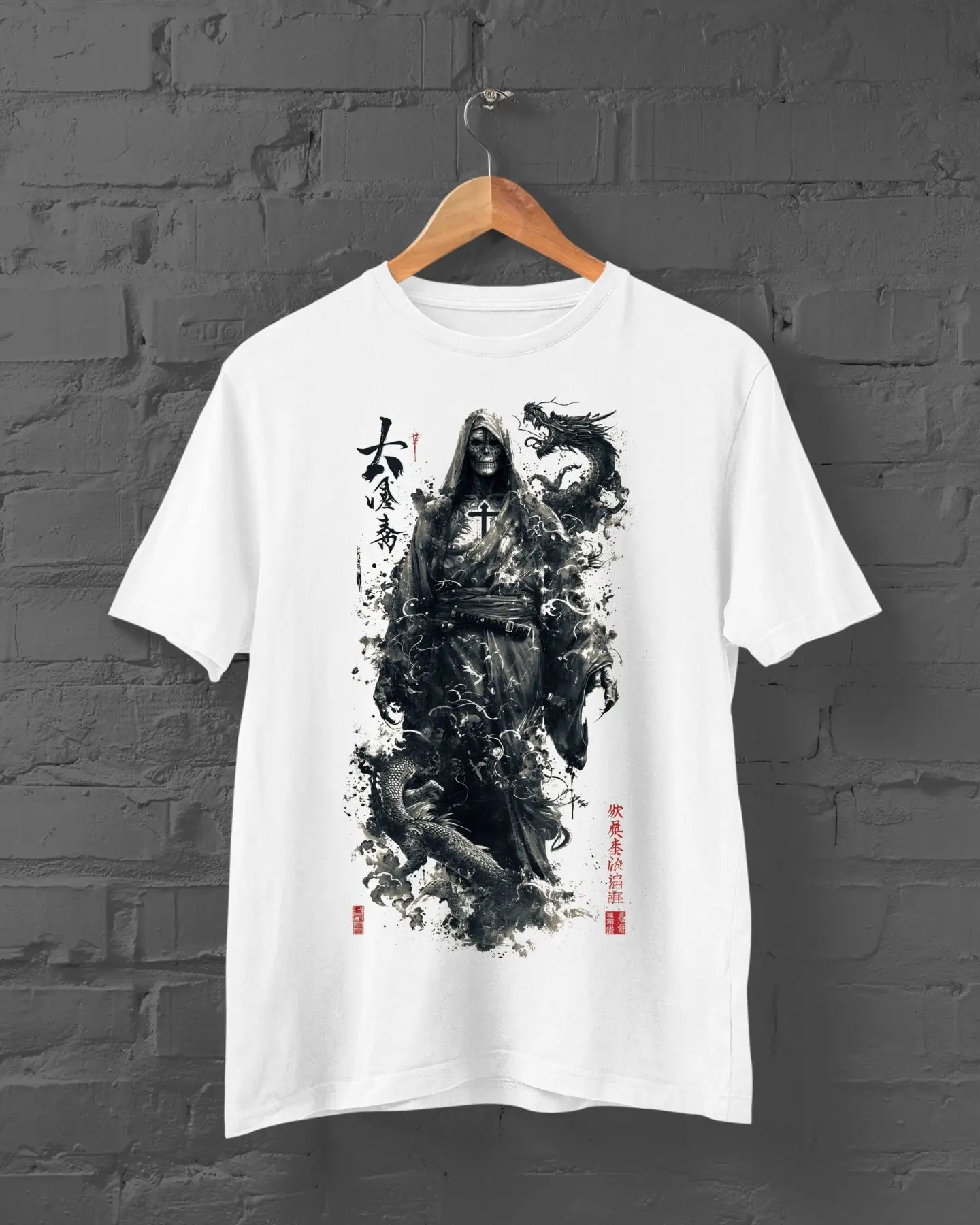 Japan Grim Reaper T Shirt Kanji PrinT Japanese Streetwear Anime Samurai Y2K Clothing Harajuku Top