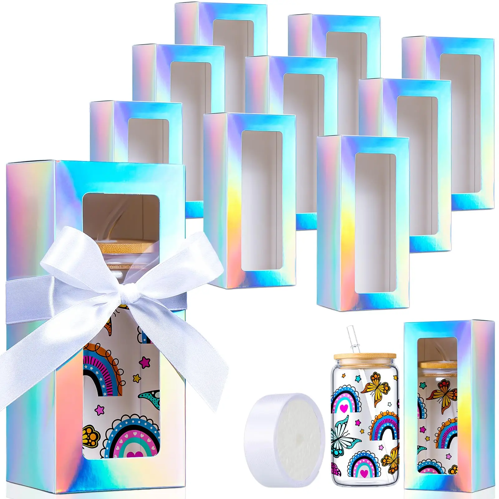 10Pcs Gift Boxes with Ribbon Glass Exhibition Box Transparent Gift Box Jars Sublimation Glass Can Blank Tumbler Gift Box  DIY