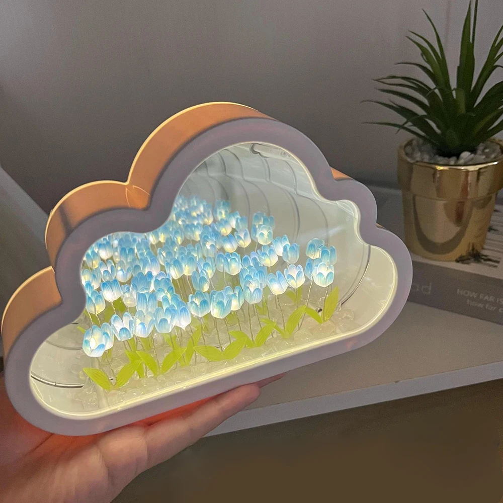 DIY Cloud Tulip LED Night Light Mirror Table Lamp Bedroom Desktop Decoration Lights Bedside Lamps Girl Birthday Anniversary Gift