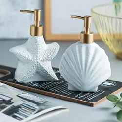 1Pc Elegant Coastal-Chic Ceramic Lotion Dispenser:Starfish & Shell ,Conch Design With Golden Matte Pump for Bathroom Or Kitchen