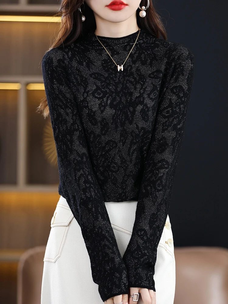 Autumn and Winter Women\'s 100% Wool Sweater Half-high Neck Pullover Lace Hollowed Out Casual Knitted Bottoming Warm Sweater