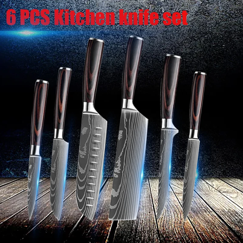 1-6 Pcs Set Kitchen Knives Set Stainless Steel 7CR17 440C Laser Damascus Japanese Santoku Cleaver Slicing Utility Chef Knife