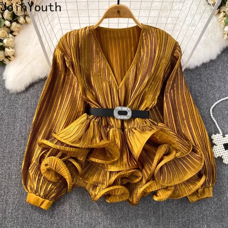 2024 Blusas Mujer De Moda Temperament Blouses Women Lantern Sleeve V-neck Slim Waist Shirts Folds Ruffles Vintage Blouse Tops