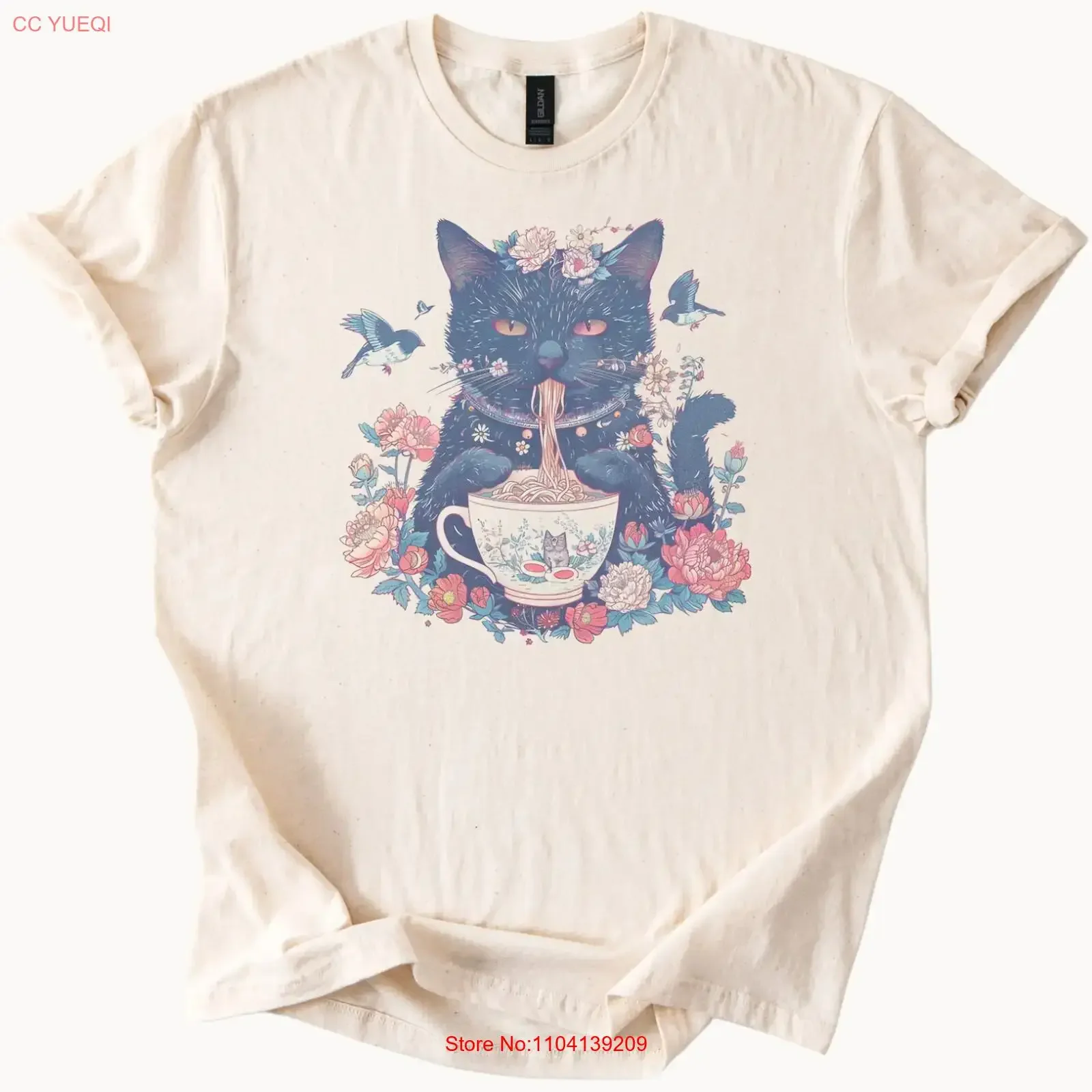 Cat Eating Ramen in Teacup Surrounded by Flowers and Birds T Shirt vintage Washed Slightly Unisex graphic designer clothes