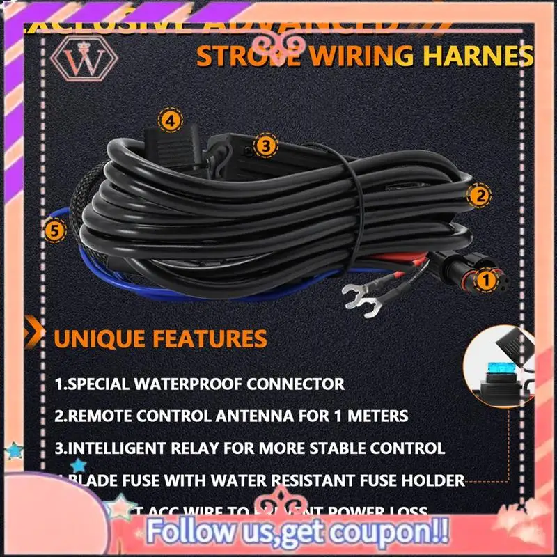 

A88U-Black LED Spotlight Fog Light Wiring Harness Relay Wire Wireless Switch High And Low With Flash Controller