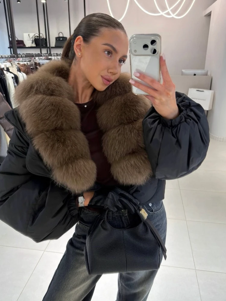 Thick White Duck Down Coat Female Detachable Collar Big Natural Real Fox Fur Jacket Women Short Puffer Jacket New Autumn Winter