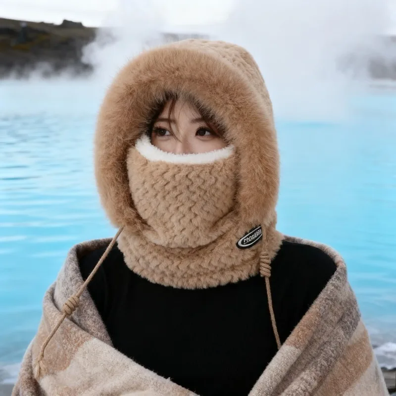 الخريف الشتاء النساء الحرارية أفخم هود قبعة وشاح قناع يندبروف حماية الأذن تصميم سميك لركوب الخيل في الهواء الطلق