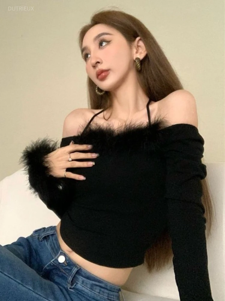 Crop Tops Women Clothing Fashion Sexy T Shirts Long Sleeve Furry Slash Neck Tunic Tees 2025 Ropa Mujer Off Shoulder Y2k Tshirts