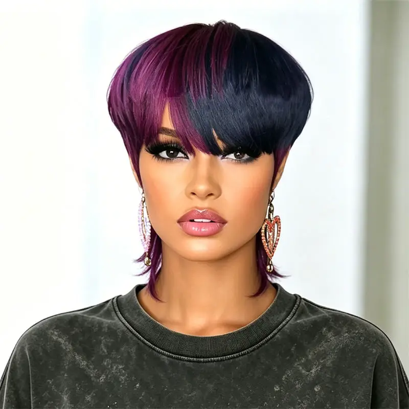 Short Mullet Wig Pixie Cut Wig Human Hair Gradient Purple Layered Full Machine Made Lightweight Cap For Halloween Music Festival