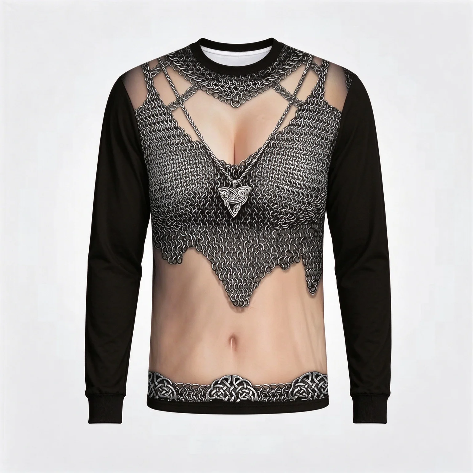 Funny 3D Optical Illusion Long Sleeve T Shirt Men, Fake Muscle Bikini Nurse Chain Print Novelty Graphic Tee, Halloween Party