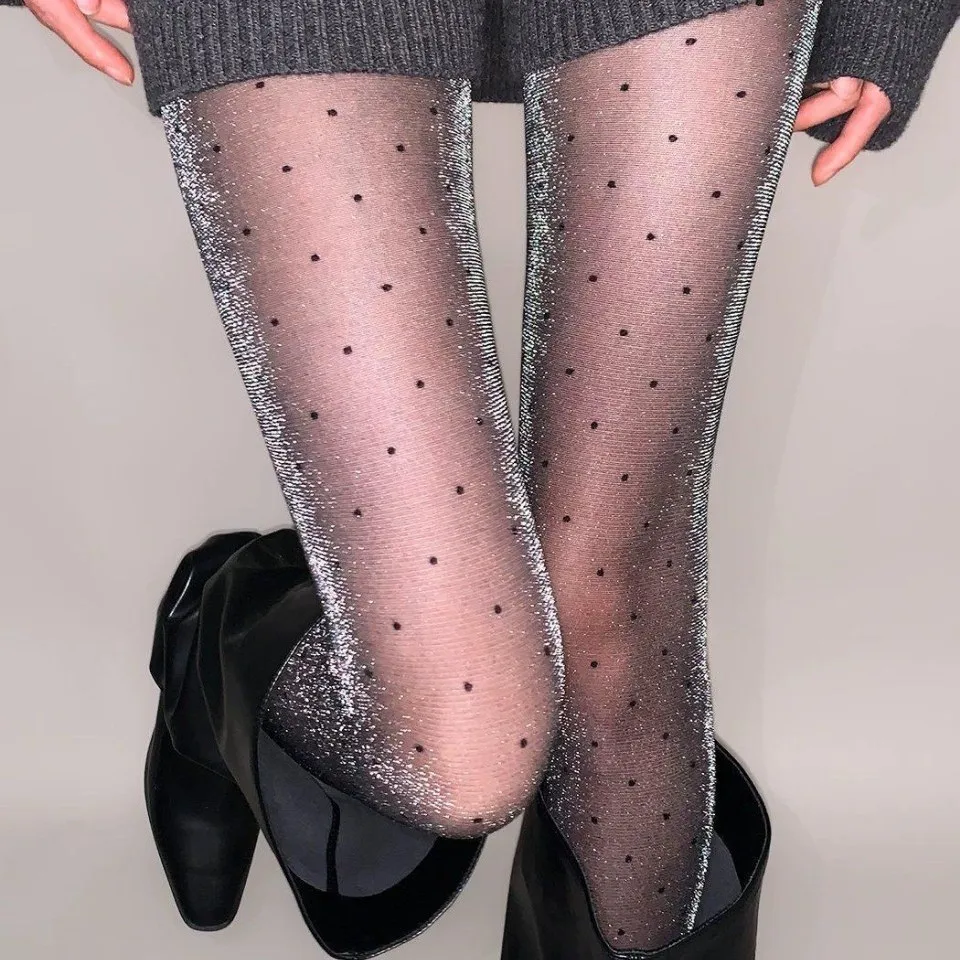 Autumn Winter Base Layer Black Sheer Tights Super Sparkling Silver Thread Polka Dot Design Unique JK Women Matching Legwear