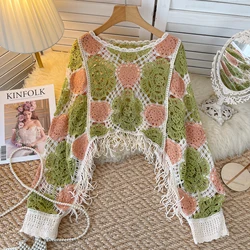 Szykowny dekolt w szpic Vintage Hook Flower Hollow Out Patchwork Knit Top Koreańska moda damska Bohemian High Street Odzież jesienno-zimowa