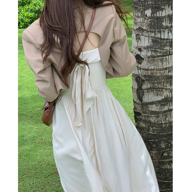 

2021 Autumn Elegant Midi Floral Dress Female Casual Y2k Crop Tops Backless Blazers + Korean Fashion Beach Party Dress Set Ladies