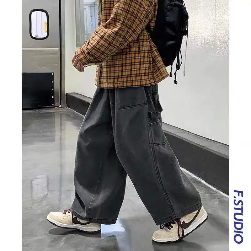 Large Size Workwear Wide Leg Jeans Ins Baggy Pants Men\'s Fashion Brand Oversize Trousers Black Japanese Streetwear Pants 4XL 5XL