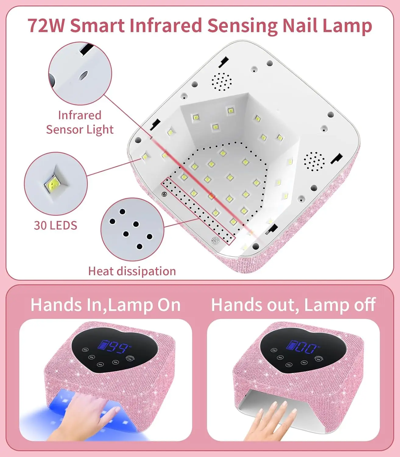 Lâmpada UV sem fio para unhas de gel 72W, secador de unhas LED de diamante preto recarregável com 5 configurações de temporizador, controle de toque