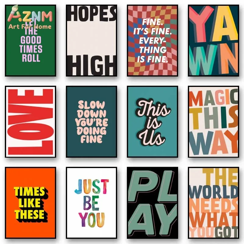 AZNM Colorful Retro Typography Quote Canvas Wall Art Print, Positive Phrase Bold Text Fun Boho Bedroom Living Room Aesthetic Dec