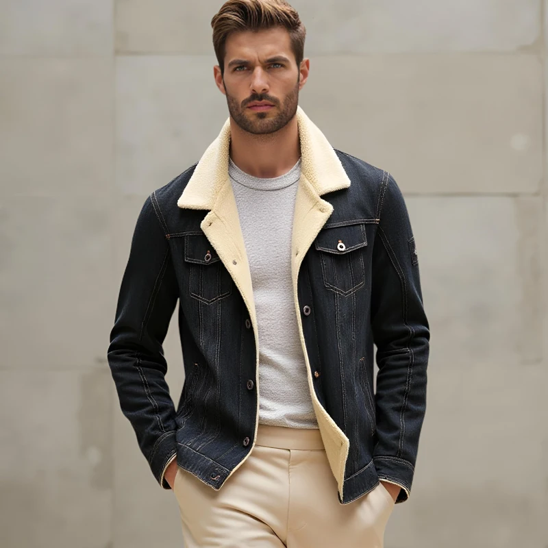 New Winter plush Men's Casual Workwear Jeans Jacket Loose Casual Versatile Youthful Male Solid Color Tops Dnim Mens Outwear