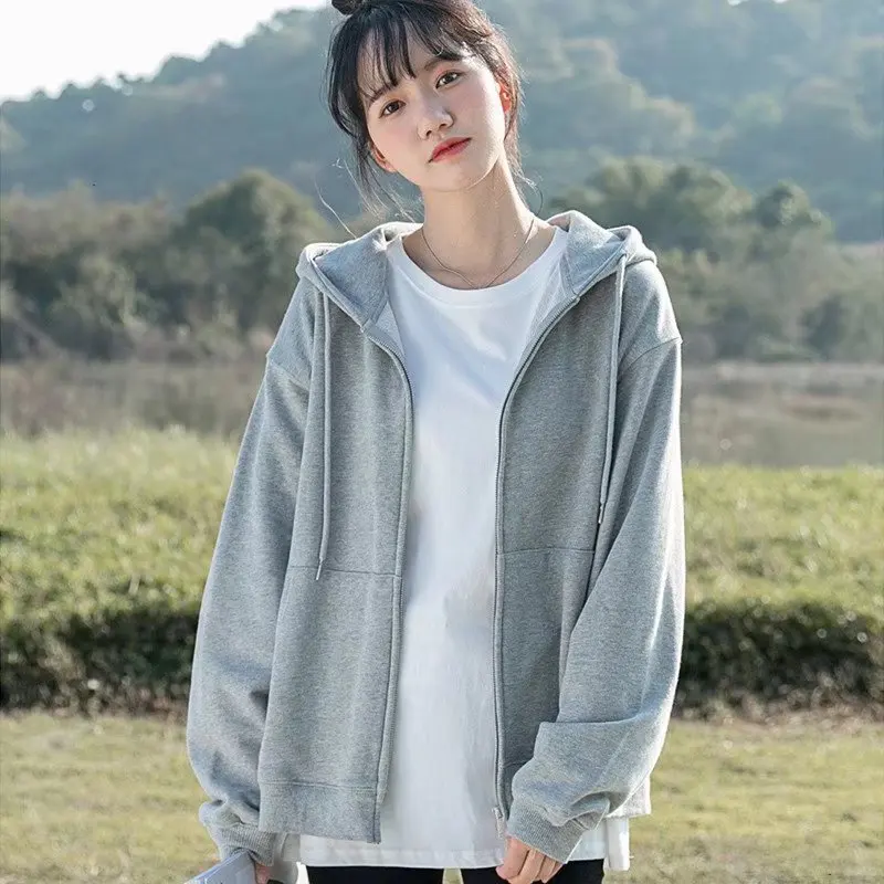 Sweatshirt Hoodie Oversize Hooded Cardigan Sweatshirts Gray Women Clothes Solid Zip Up Hoodies Spring Women Tops Long Sleeves