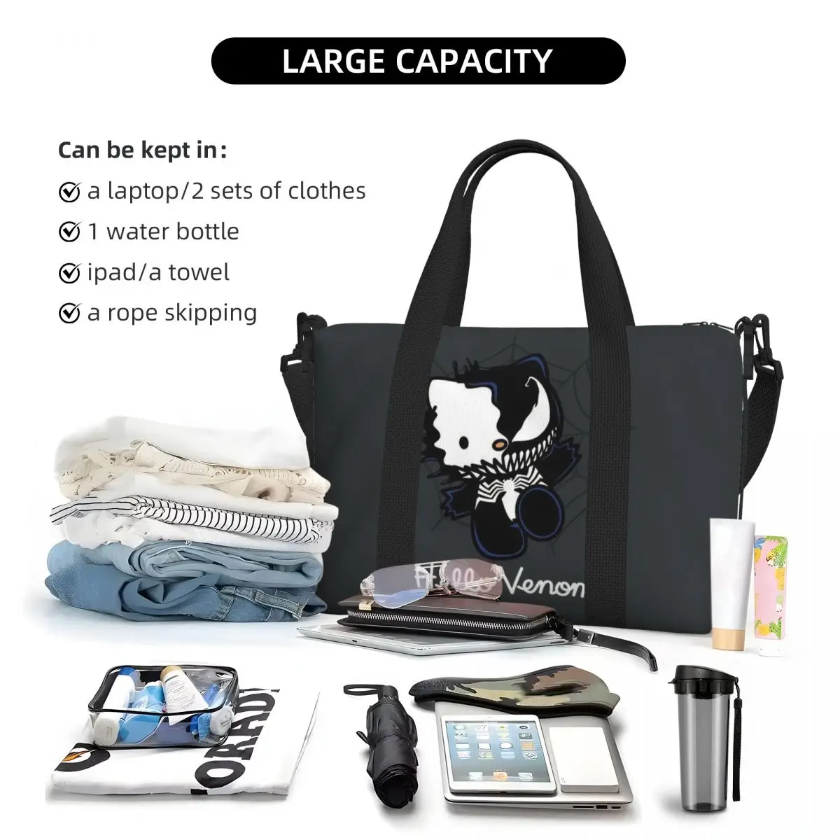 Sacola Venom Hello Kitty para mulheres, grande capacidade, ginásio, praia, bolsa de viagem de ombro, personalizada