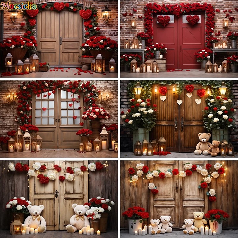 

Happy Valentine's Day Backdrop Photography February 14 Red Heart Roses Wooden Door Bear Decoration Baby Shower Photo Background