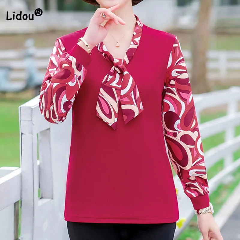 

Elegant Fashion Scarf Collar Printed Shirt for Female Spring Women's Clothing Long Sleeve Spliced Vintage Casual Blouse Tops