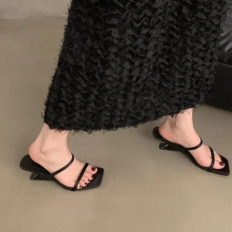 2024 Simple Open-toed Shoes Women Thin Strap Wedge Sandals Square Head Sexy High-heeled Roman Slippers Flip Flops Blue Slides