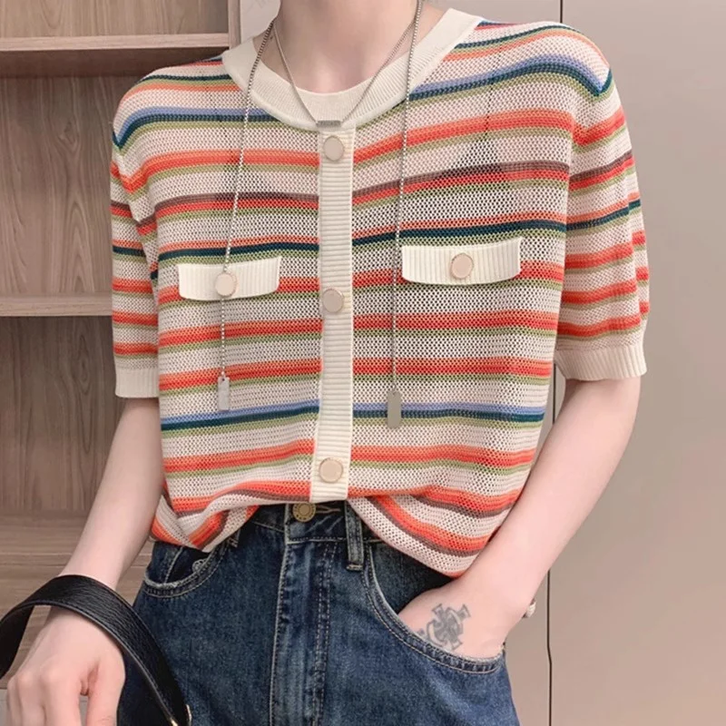 

Удобная вязаная футболка из ледяного шелка с одной пуговицей, круглая блузка Ne Color Base irt, летняя милая молодежная открытая футболка-кардиган