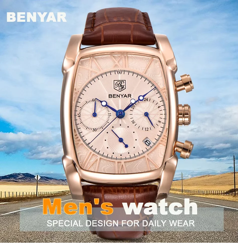 BENYAR Luxury True six-pin Quartz Watch Classic Rectangle Case Sports Chronograph Men's Watches Rose Gold erkek kol saati